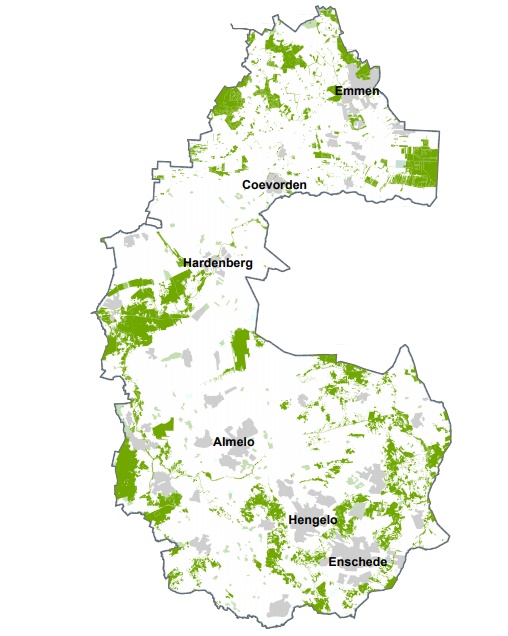 Kaart werkgebied Vechtstromen met in groen het Natuurnetwerk Nederland