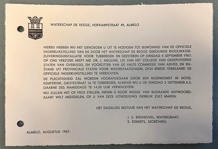 Uitnodiging officiële ingebruikstelling van de door het Waterschap de Regge gebouwde rioolwaterzuiveringsinstallatie voor Tubbergen en Geesteren op dinsdag 5 september 1967